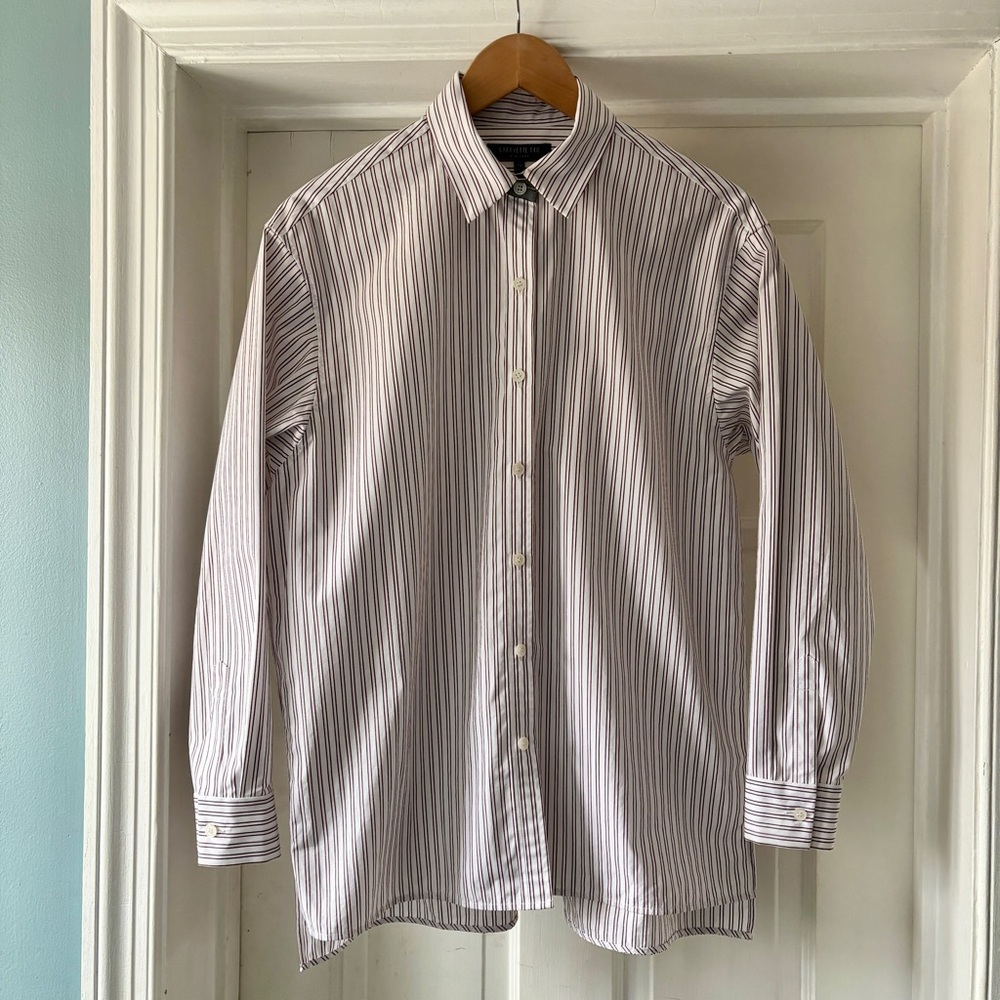 Lafayette 148 Long Sleeve Button Down Pinstripe Metallic Nape Burgundy Size XS